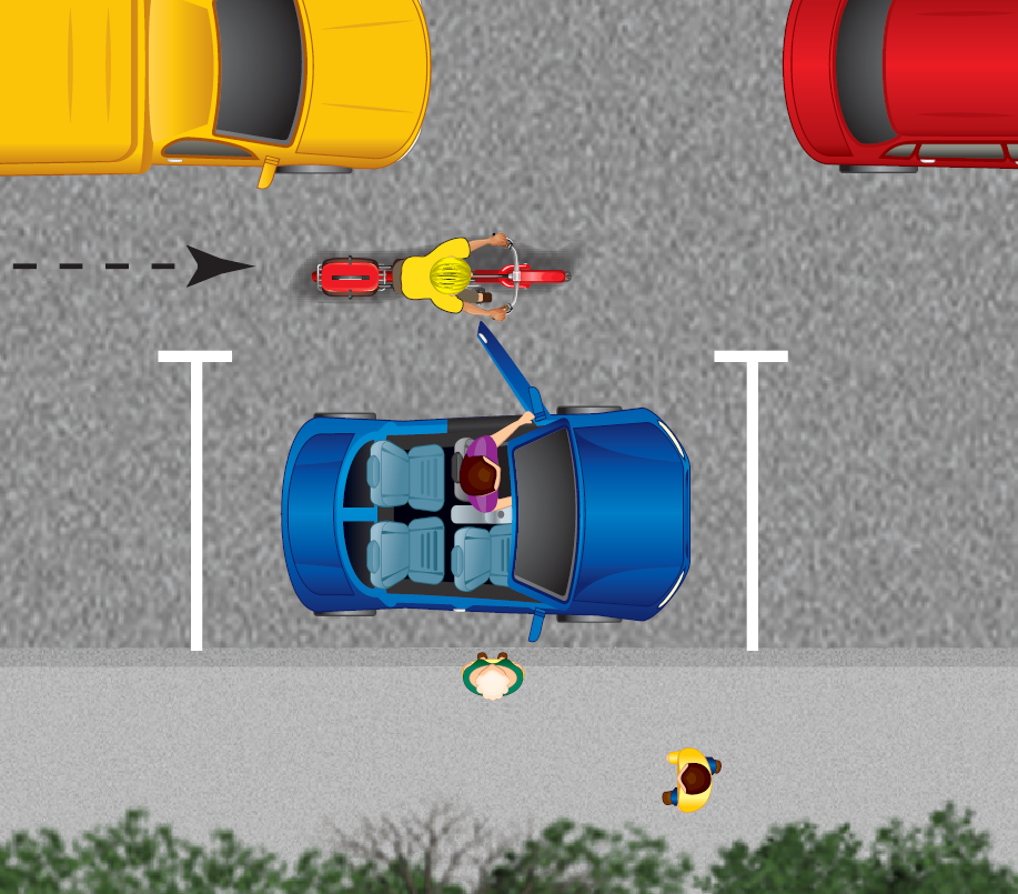 A bike is riding beween traffic and parked cars, giving themselves space bewteen the cars moving and cars opening their doors.
