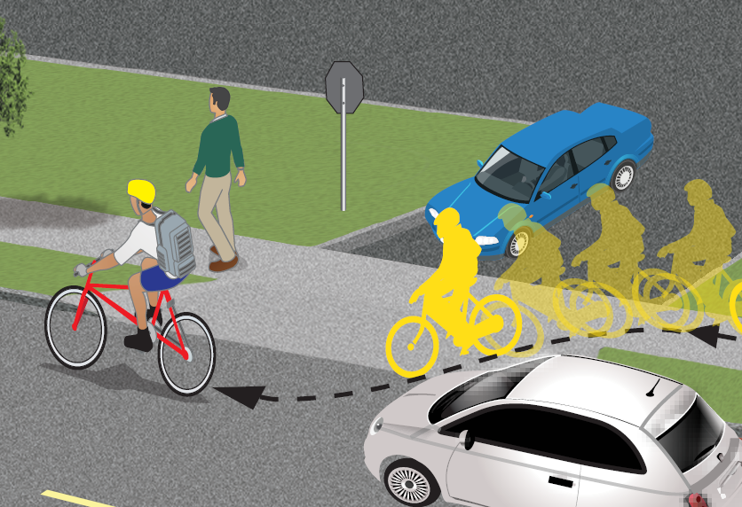 A bike darting into traffic in front of a moving vehicle.