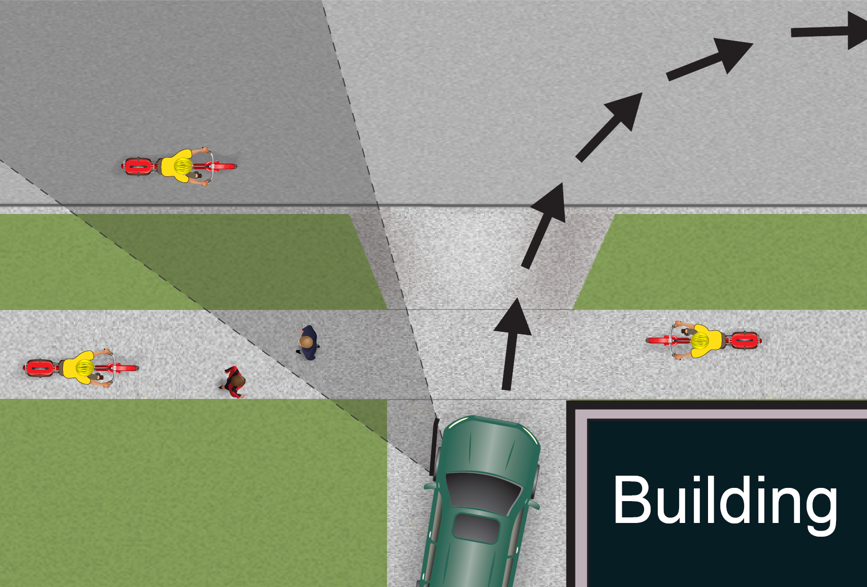 Image - Motorist crossing a sidewalk may not see you on a bicycle.