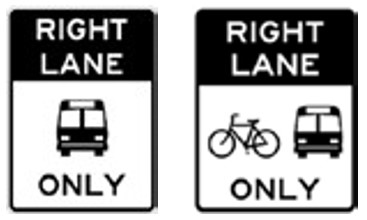two signs: right lane only for buses and right lanes only for bikes and buses