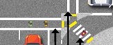 Tres ejemplos de pasos de peatones: uno vertical hacia arriba, uno horizontal que cruza la carretera y uno inclinado, que muestr