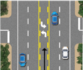 Dos carreteras. Carretera uno: tiene dos carriles con líneas blancas discontinuas, un auto baja. Carretera dos: tiene dos carril