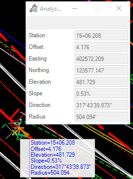 Analyze Point displaying station and offset from the L cnterline to a GR end.