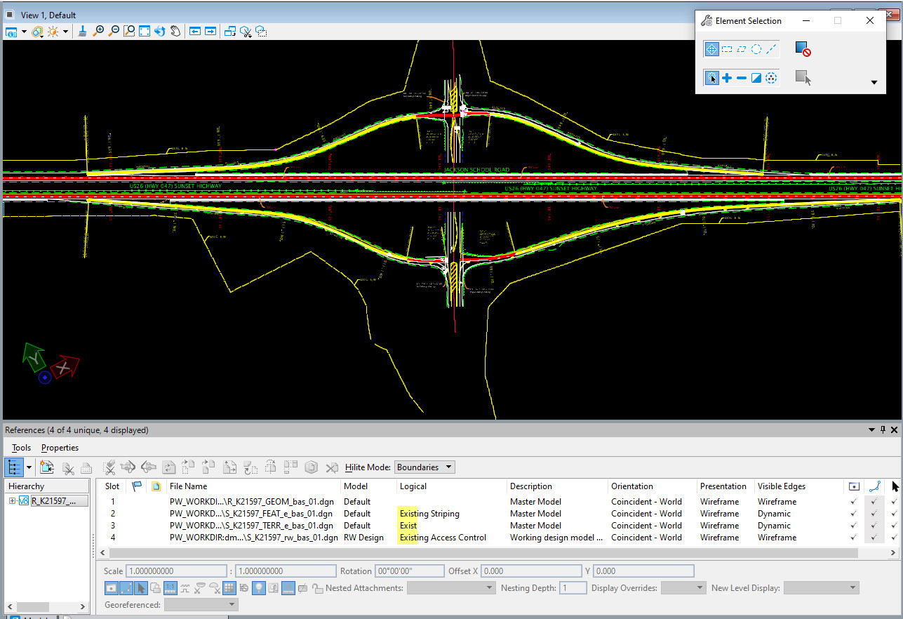 Snip of a DGN file Default model showing the References dilaog at the bottom and three logical names highlighted yellow