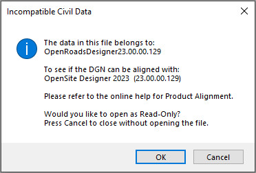 Incompatible Civil Data dialog prompting the user to open the file read-only [OK] or close the file [Cancel].