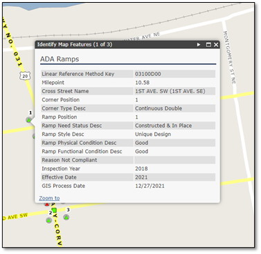 ODOT GIS showing the ADA Ramp information from the secondary window.