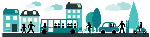 An image depicting an urban environment with people using different forms of transportation