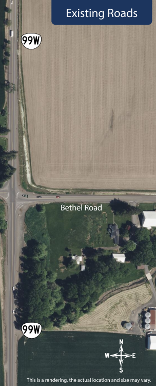 aerial image showing the current OR 99W and Bethel Road alignment