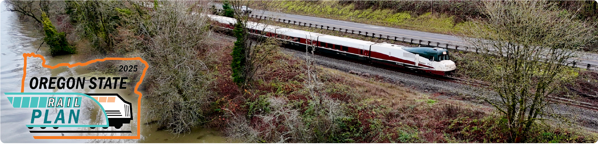 Aerial view of the train going next to the Willamette River with the Oregon State Rail Plan 2025 logo