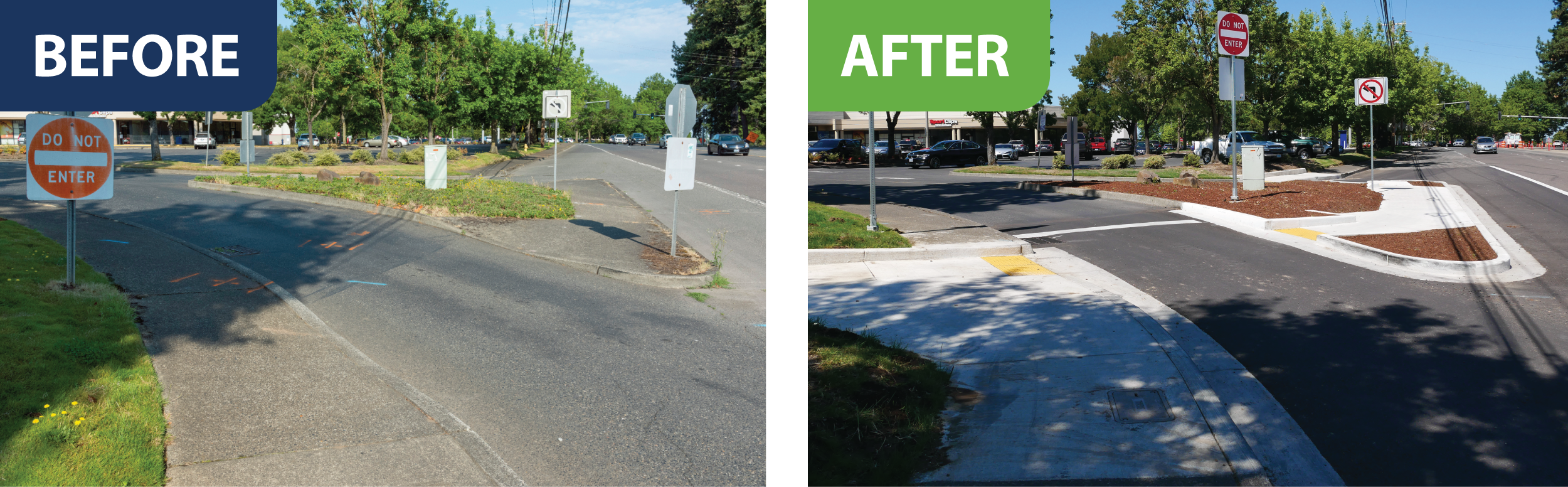 Sidewalk curb ramps at an existing driveway before and after ADA compliant sidewalk curb ramp upgrades.
