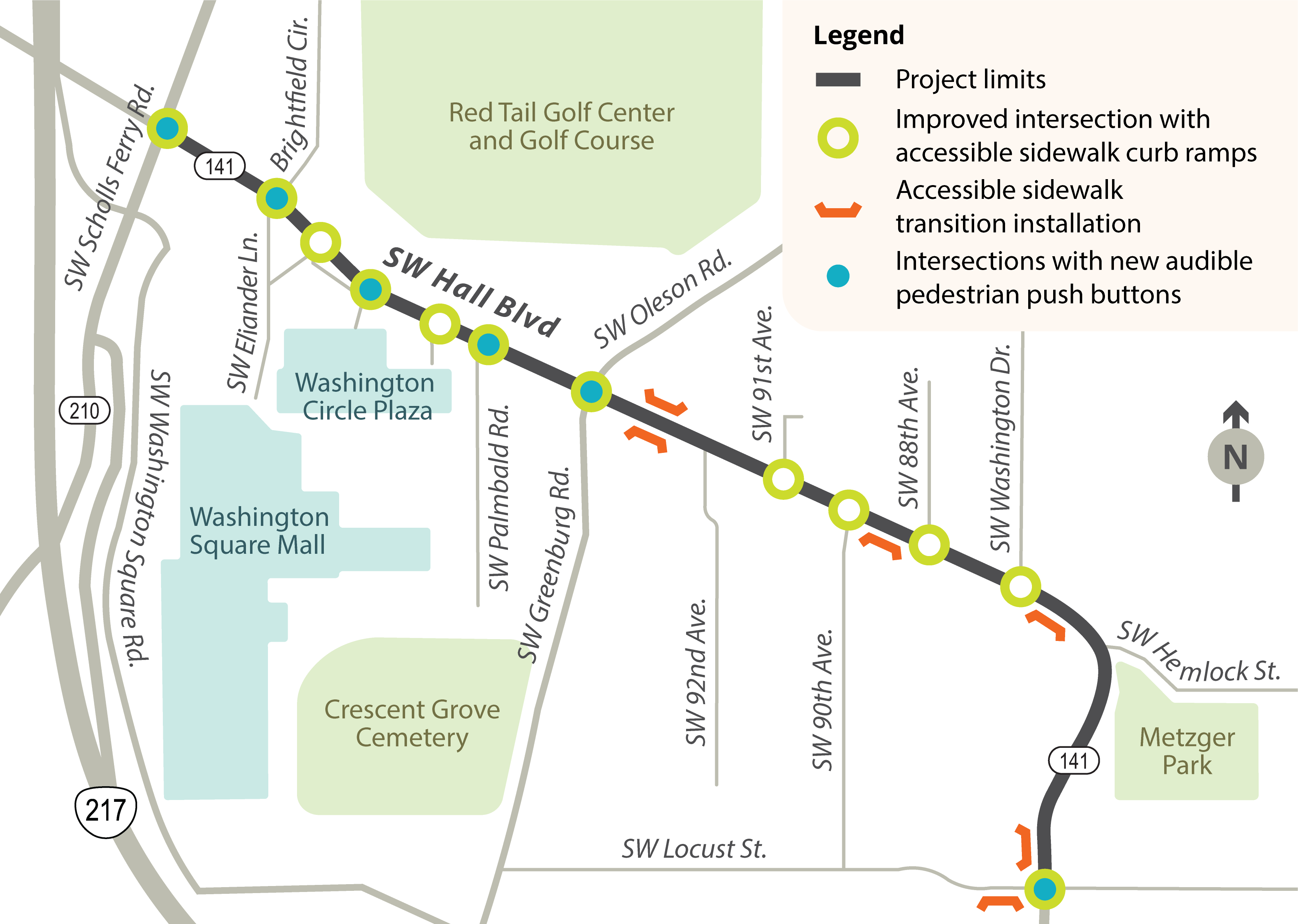 SW Hall Boulevard project area map showing project area limits and locations where improvements were made.