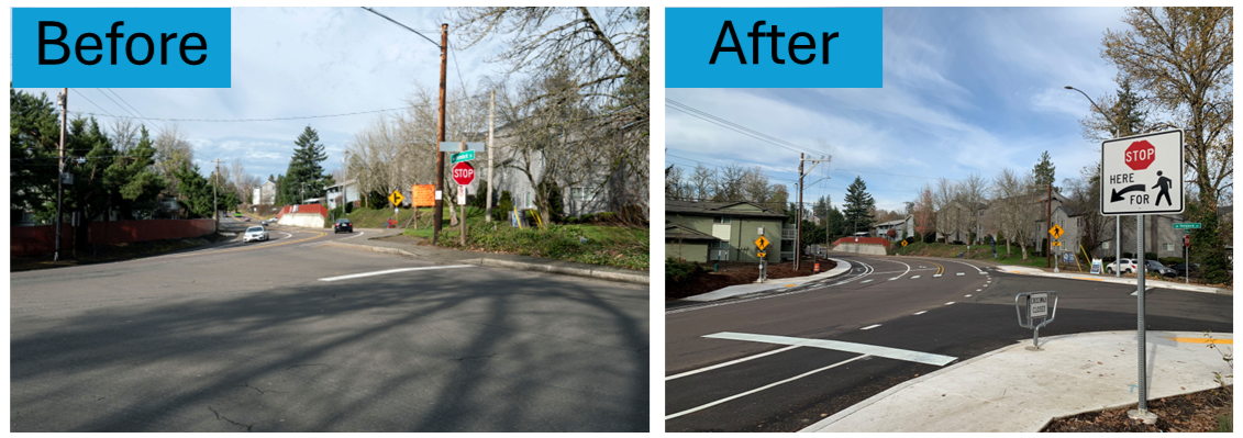 Before and after photos of Hall Boulevard at Hemlock Street.