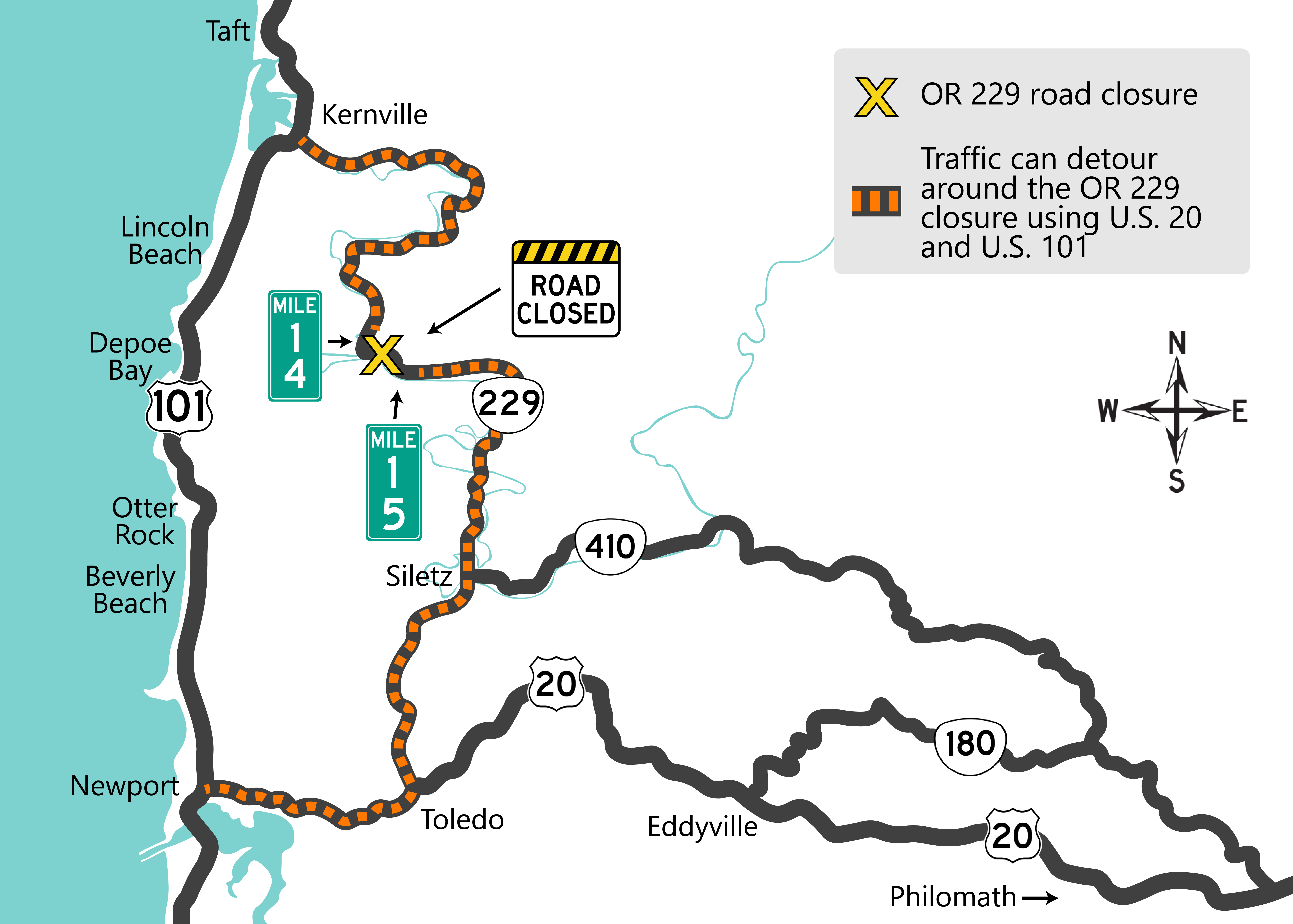 Detour map showing traffic using U.S. 20 and U.S. 101 to get around the OR 229 closure
