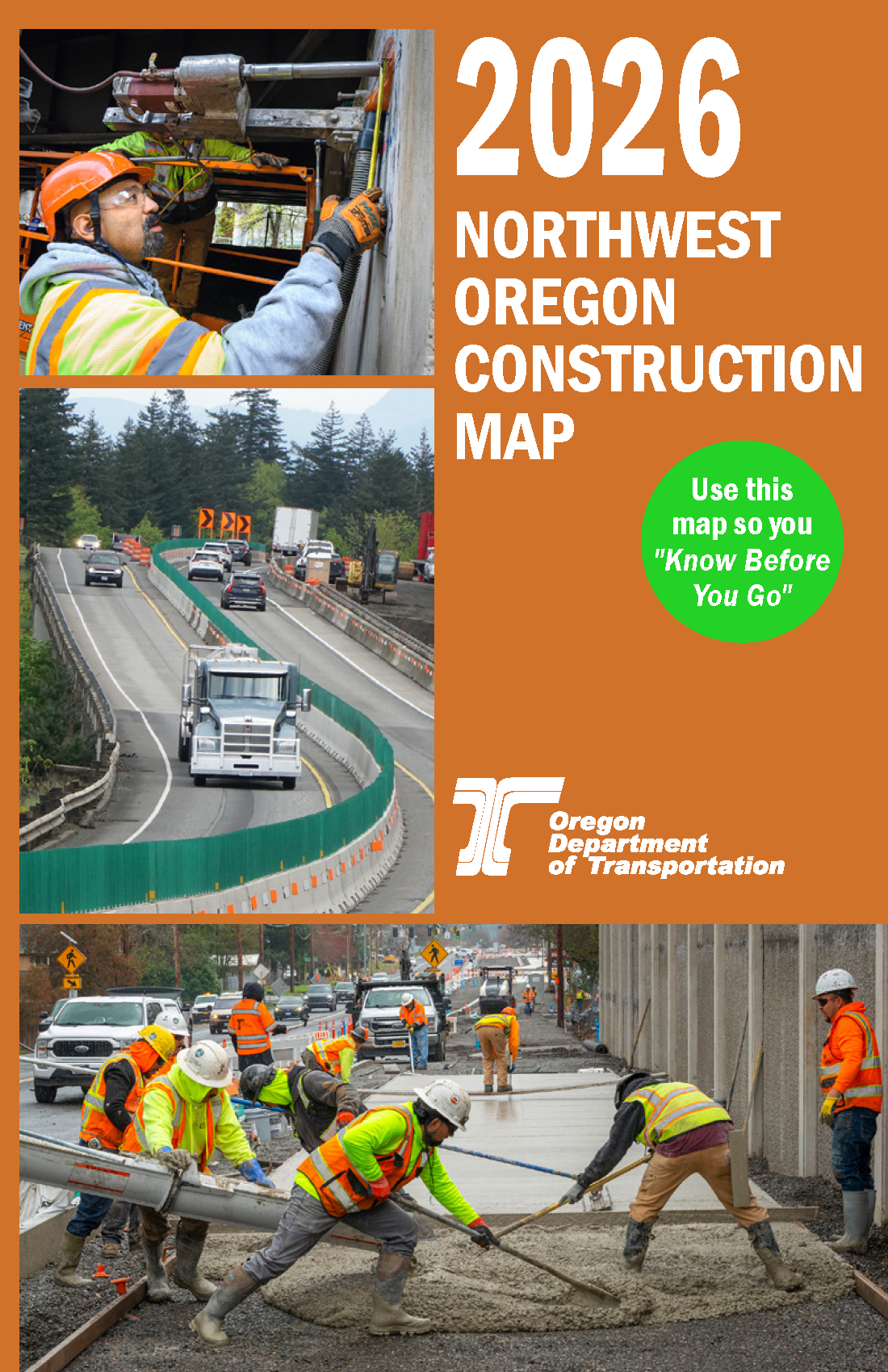Cover of 2026 northwest Oregon construction map featuring three photos of construction work sites