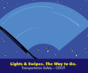 A gif graphic of a windshield wiper. Text reads, Lights and Swipes the Way to Go.