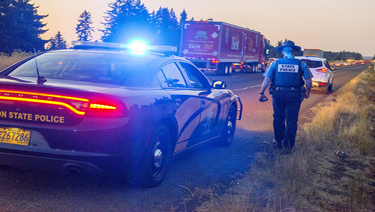 Photo of a police vehicle with flashing lights along the highway