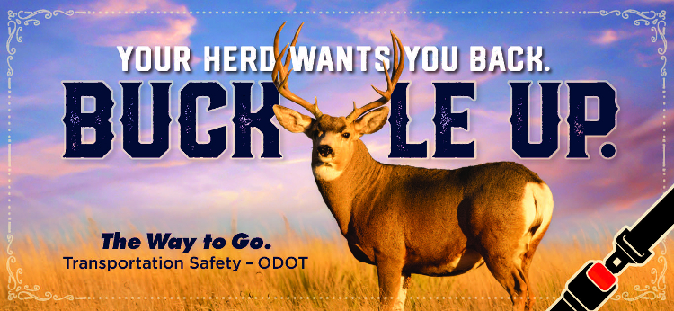 buckle up safety belt campaign billboard with image of a deer