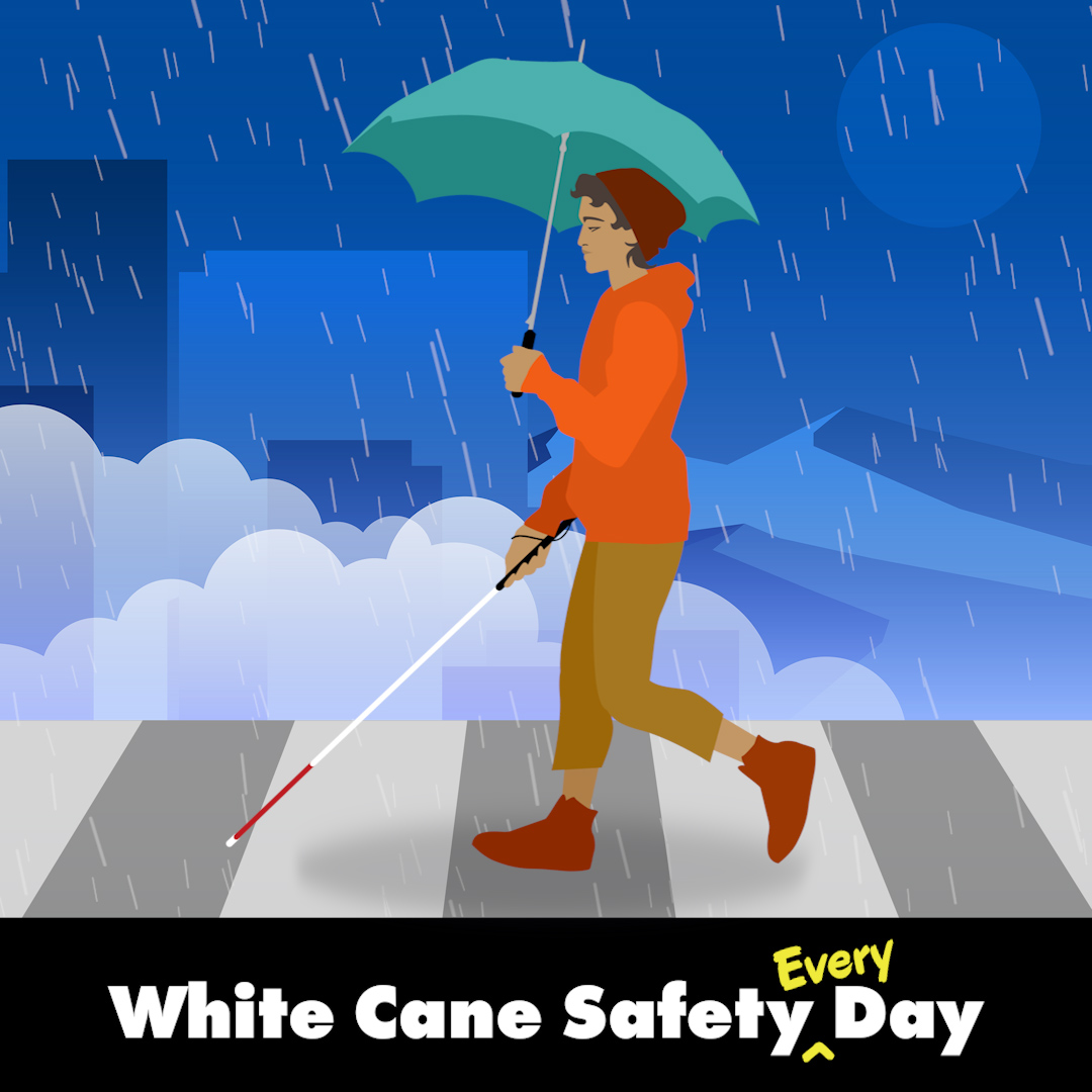 White Cane Safety Day woman with an umbrella and a white cane graphic