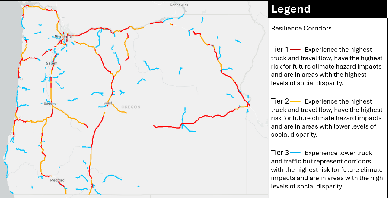 A map of Oregon showing different tiers of resilience corridors. Click on the image to visit an interactive GIS map.