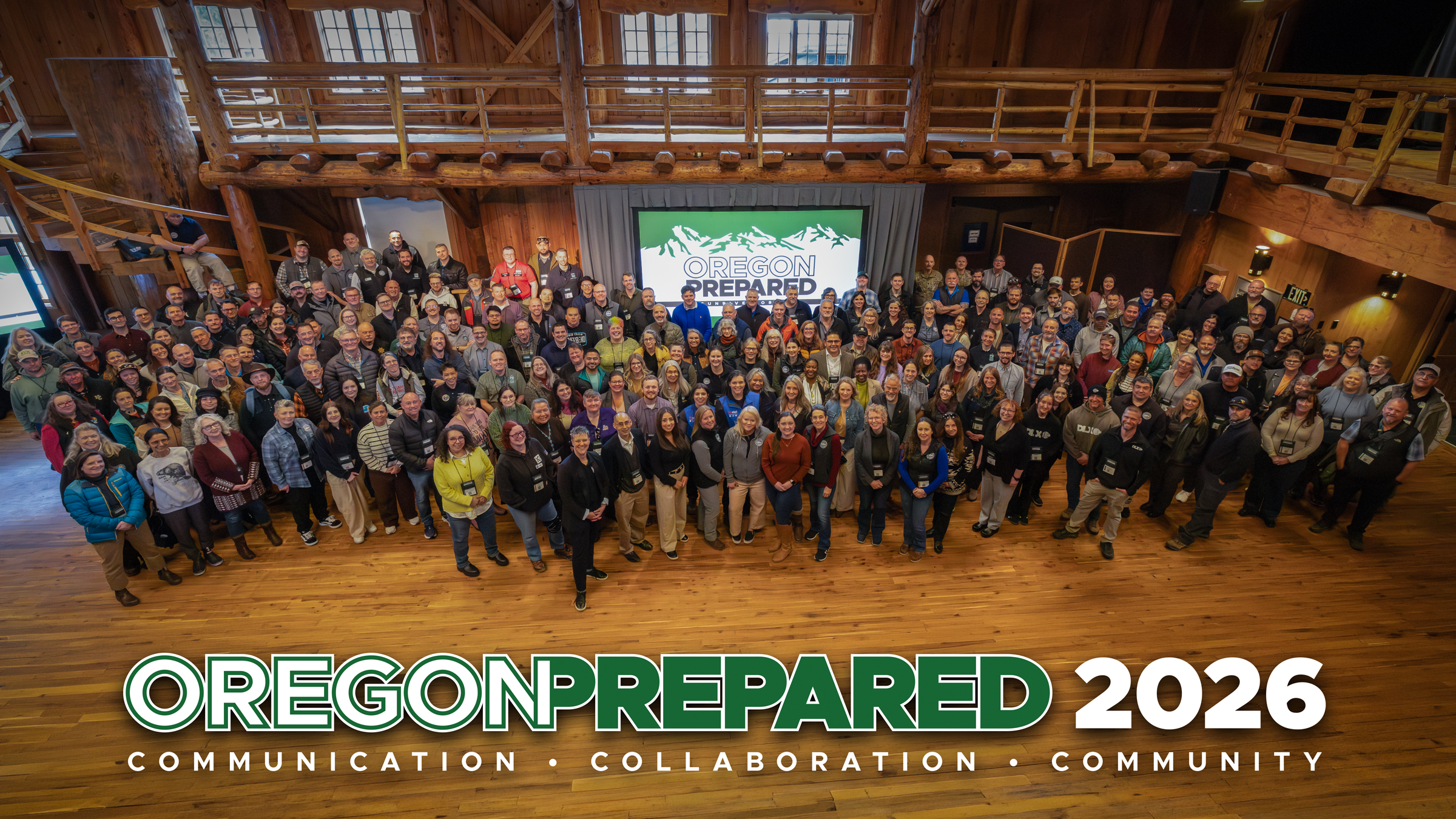 A group of about 200 people posing for a group photo at the 2026 Oregon Prepared  Conference