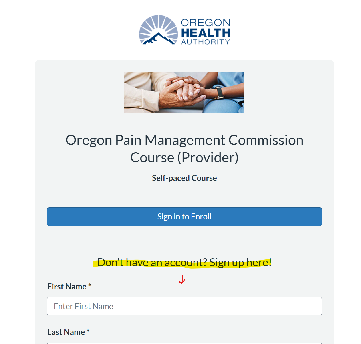 screen capture of OPMC course page with "Don't have an account? Sign up here!" section highlighted