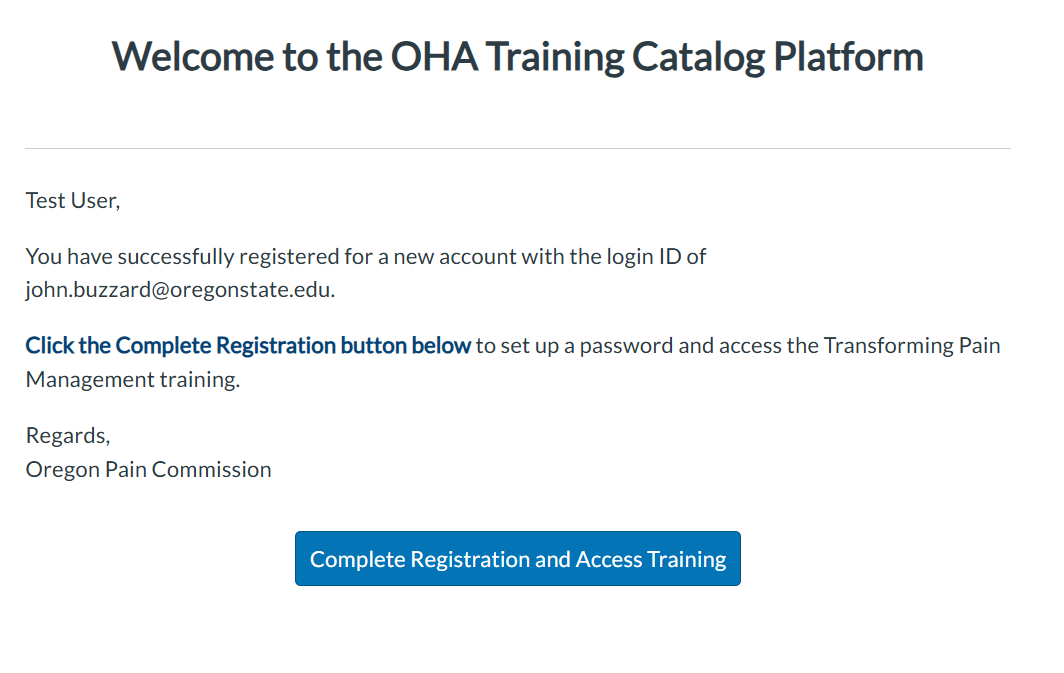 screen capture of the Welcome to OHA Training Catalog Platform page with "Complete Registration and Access Training" button