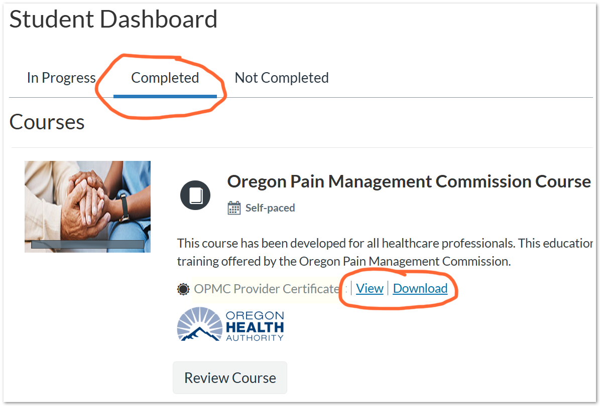 Screen capture of Student Dashboard with 'Completed' menu header circled, and View and Download links below also circled.