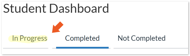 Screen capture of Student Dashboard with arrow pointing to In Progress header.