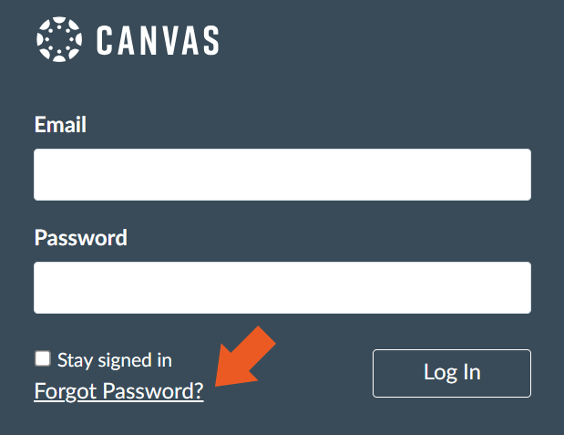 Capture of Canvas login page with arrow pointing to Forgot Password link.
