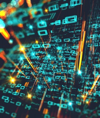 Computer code and streaks of light