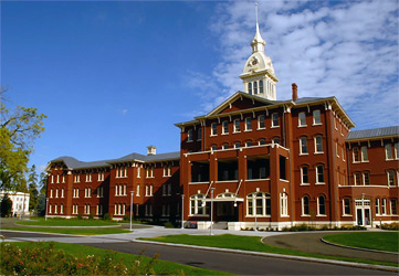 Hospital building entrance and landscape