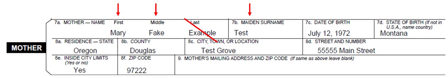 Sample birth certificate showing mother's last name and maiden name fields.