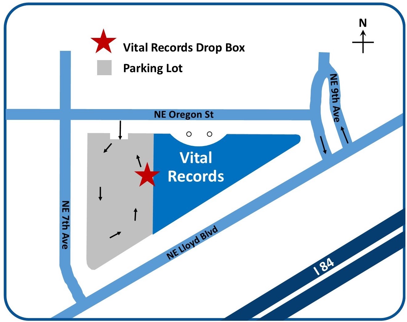 Map showing the location of the vital records drop box on the west side of the Portland state office building.