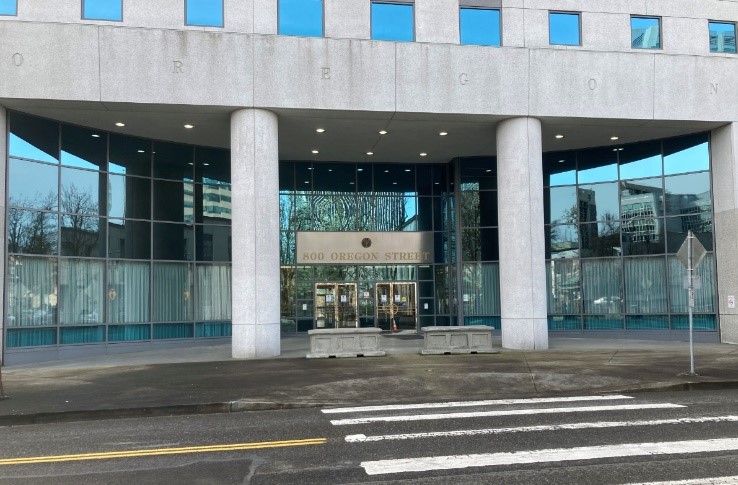 The main entrance of the Portland State Office Building at 800 NE Oregon Street.