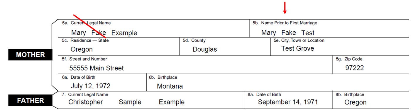 Second sample birth certificate showing mother's name prior to first marriage.