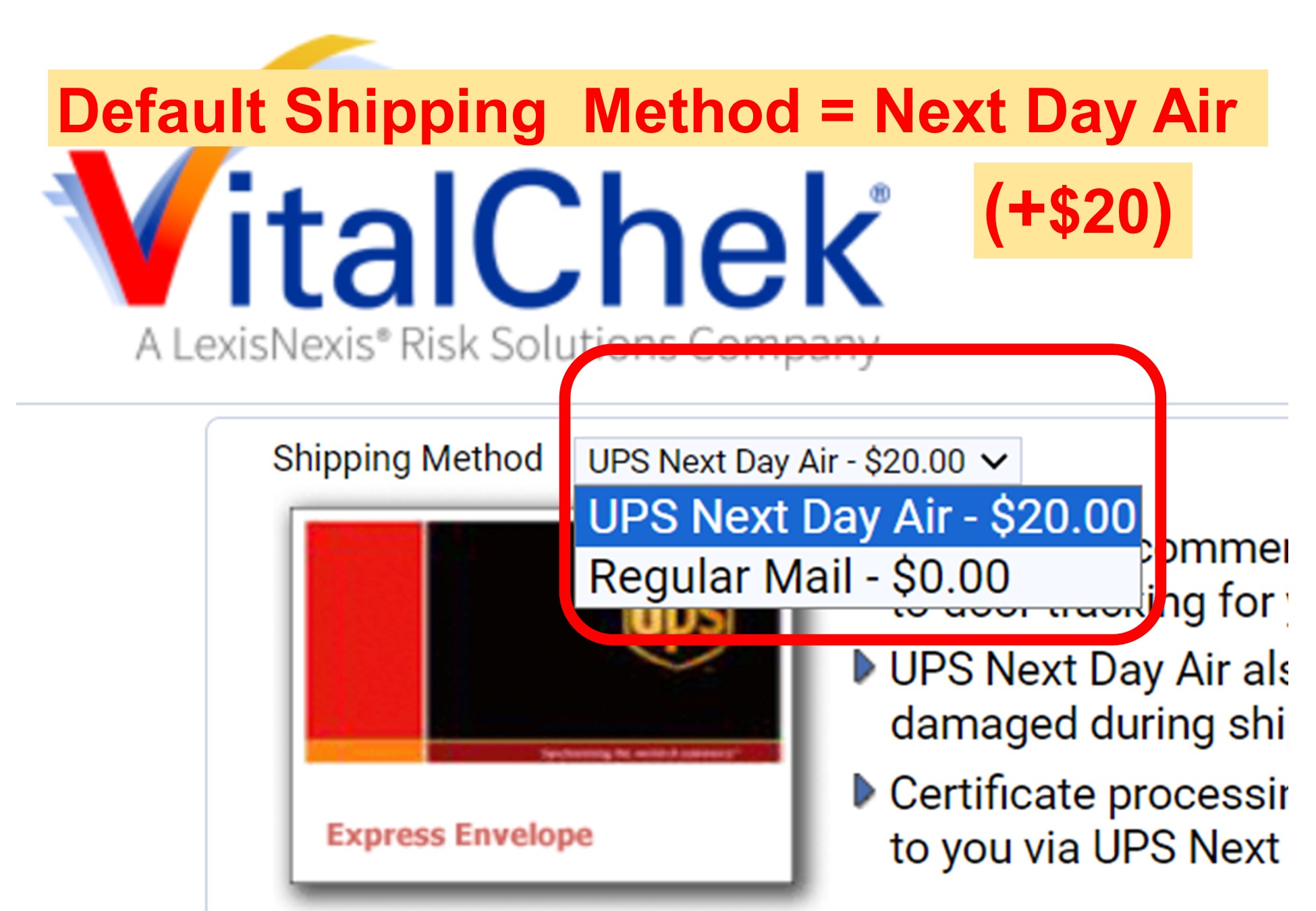 Screenshot of the VitalChek web site shipping method drop down menu. The UPS next day air option is selected.