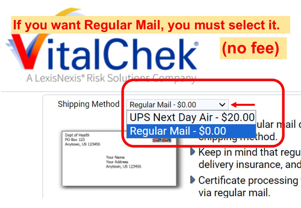 Screenshot of the VitalChek web site shipping method drop down menu. The regular mail option is selected.