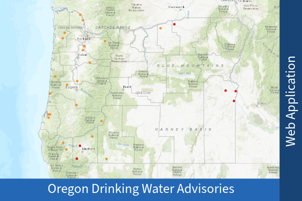 a map of Oregon State with county lines and red dots to indicate advisories. Click to go to GIS map.