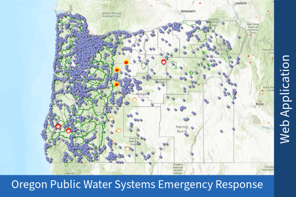A small map of oregon, with blue dots for water systems, and organce flame for wildfire locations. Click to go to GIS map.