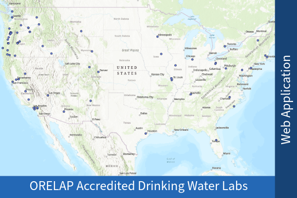 Small map of the US with points where an ORELAP accredited Drinking Water Lab can be found. Click to go to GIS map.