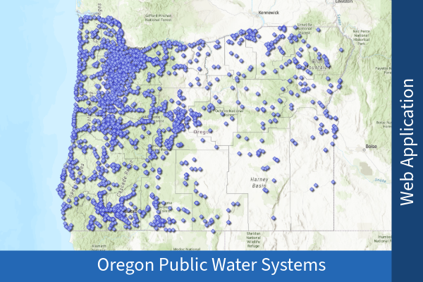 A map of Oregon State with the counties outlined and blue dots representing water systems. Click to go to GIS map.
