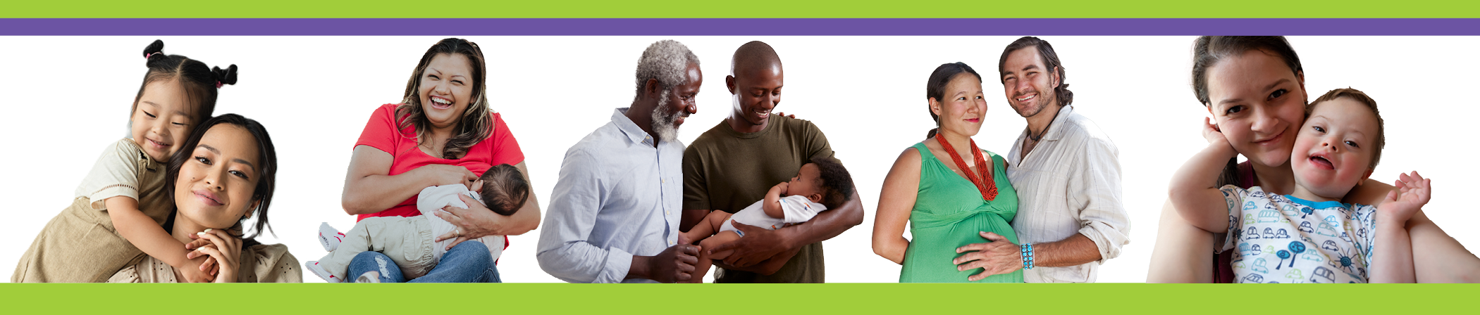 Collage showing caregivers with infants and young children, including breastfeeding and a visibly pregnant person, against a white background with green and purple borders.