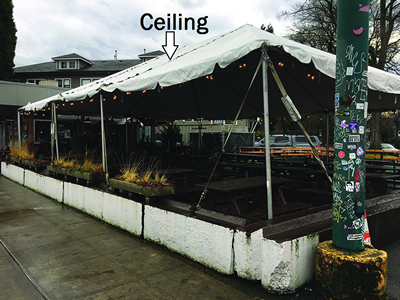 Structure that is not enclosed. The area has no walls and a ceiling.