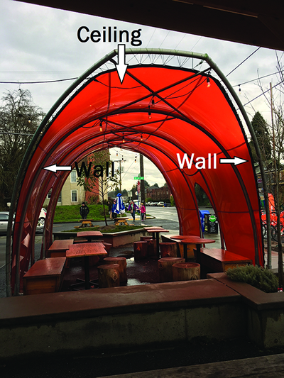 Structure that is not enclosed. The area has no walls and a ceiling.
