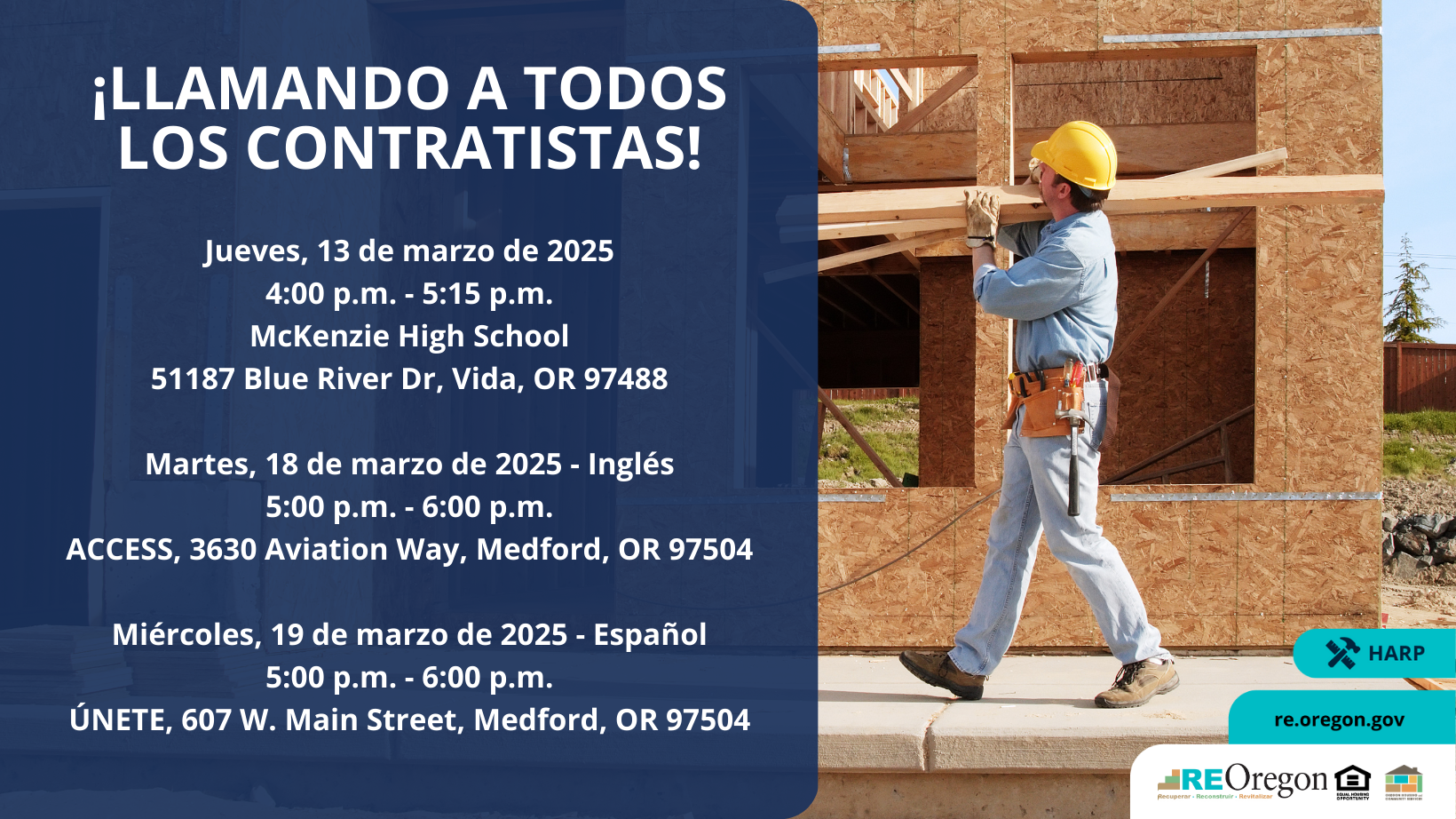 Llamando a todos los contratistas! Jueves, 13 de marzo de 2025, McKenzie High School 51187 Blue River Dr., Vida, OR 4:00 to 5:15