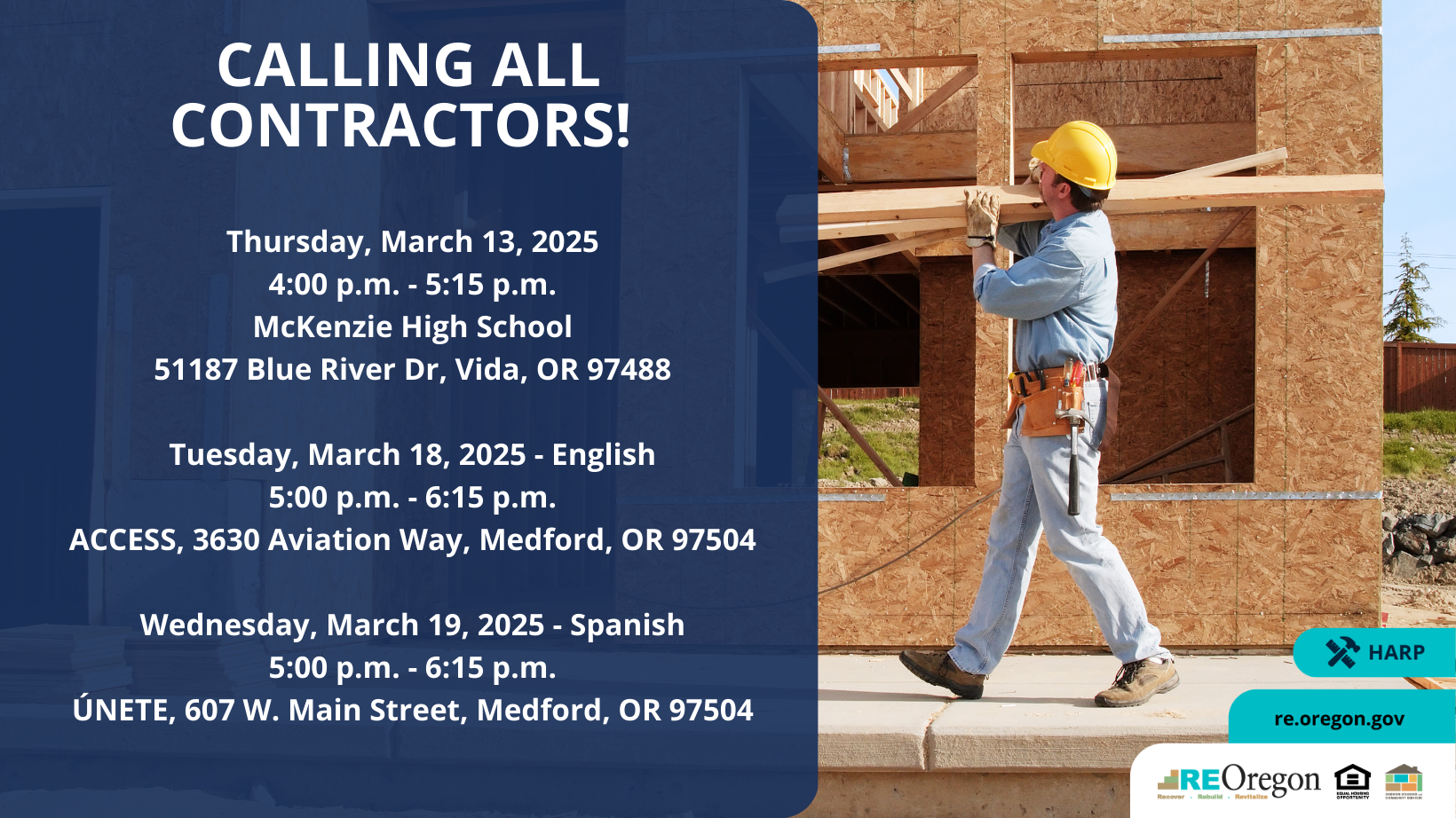Calling all contractors! Thursday, March 13, 2025 4:00-5:00p.m, McKenzie High School, 51187 Blue River Dr., Vida, OR.