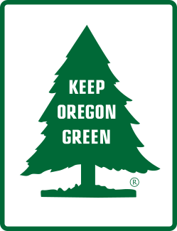 A logo for Keep Oregon Green; a green fir tree with a green rectangle around it with the words Keep Oregon Green in white.