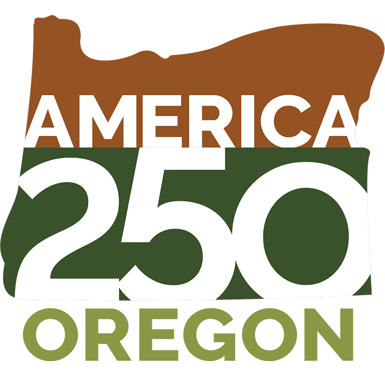 A logo featuring the state of Oregon bisected by a rusty brown top and forest green bottom, with the words "America 250 Oregon".