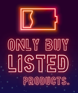 A neon sign that reads buy only listed products