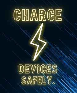 Neon sign that reads charge devices safely